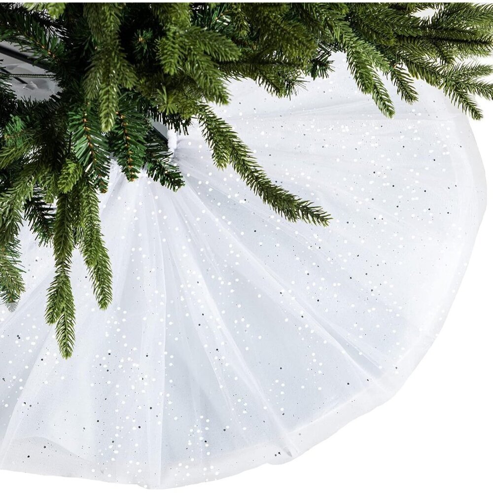 48 Inch Christmas Tree Skirt Ruffle Tulle Sequin Round Glitter Double Layers Xma